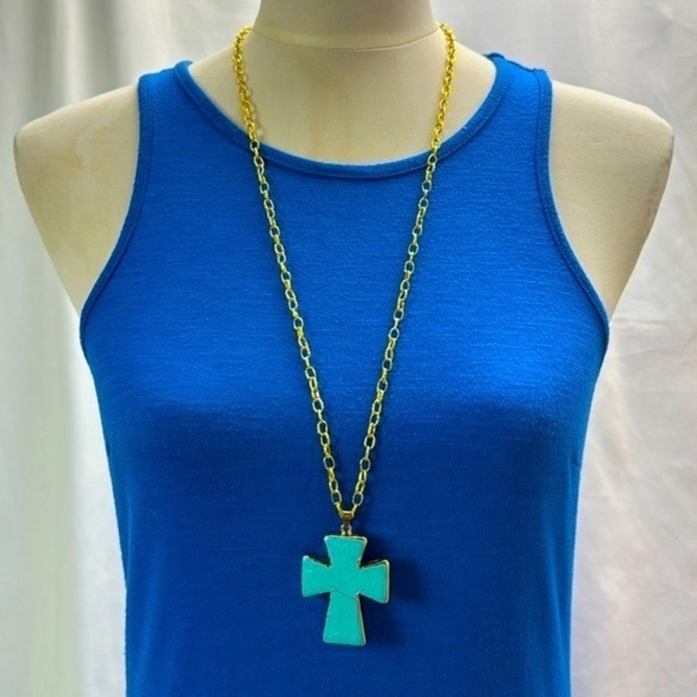 Turquoise Cross Pendant on Gold Chain Necklace, 25 -31” Long